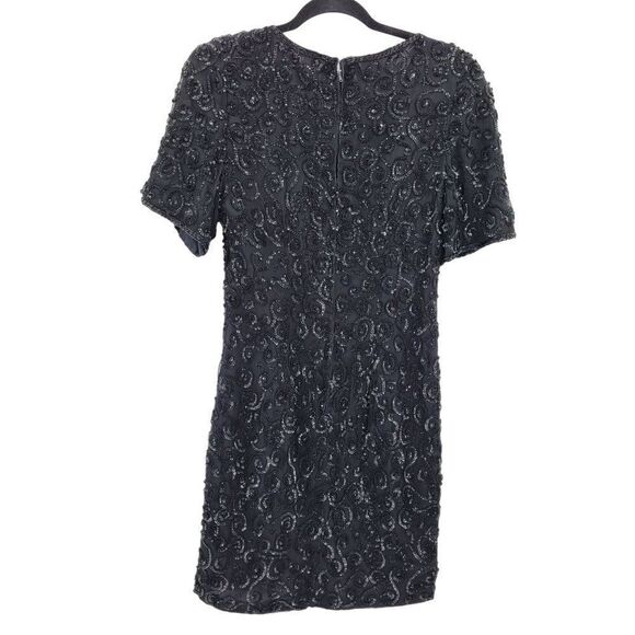 Vintage 80's Niteline Dress Silk Formal Black Swirl Sequin Beaded Short Sleeve 4 - Picture 2 of 11